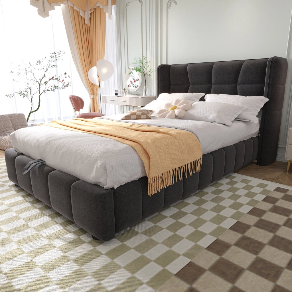Letto contenitore 90 × 200 cm imbottito con testiera a orecchie e sollevamento pneumatico in lino grigio