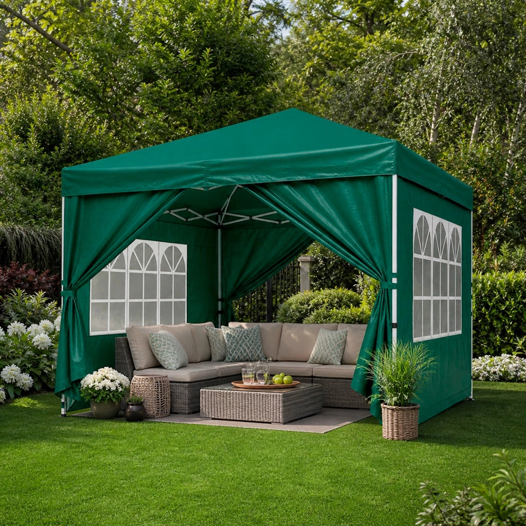 Gazebo Pieghevole Per Giardino Con Teli Laterali Finestre Trasparenti Chiusura Pop Up Copertura Impermeabile UV50+ Telaio In Acciaio Per Eventi Outdoor 3 x 3 x 2.59 m Verde