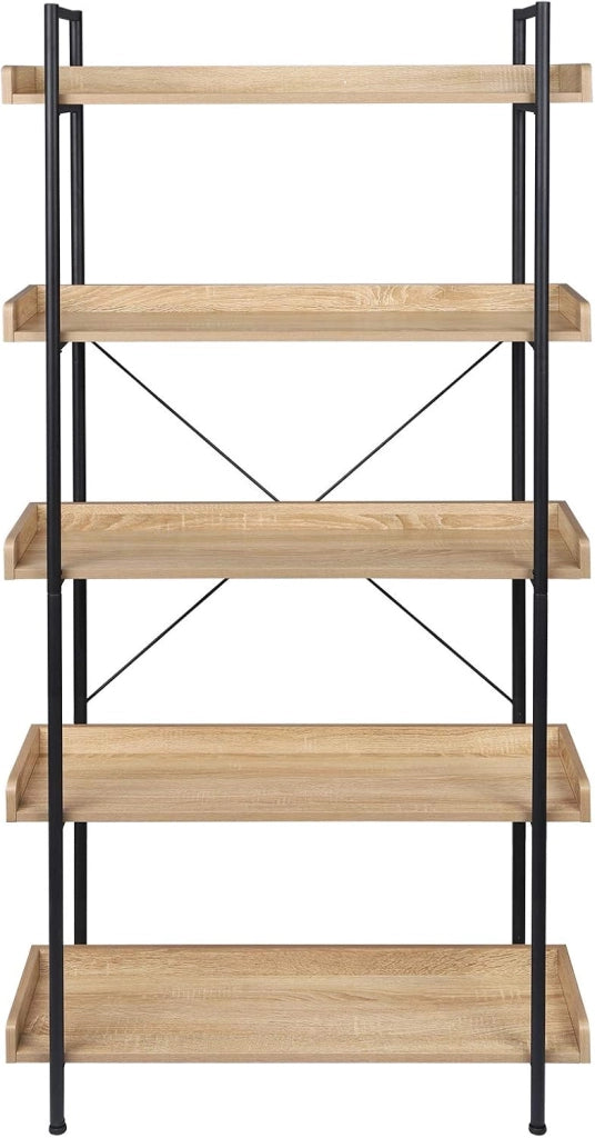 Scaffale per Libri con 5 Ripiani Aperti, Libreria con Struttura in Metallo per Soggiorno/Camera da Letto/Studio, 91x30x173 cm, Rovere Chiaro