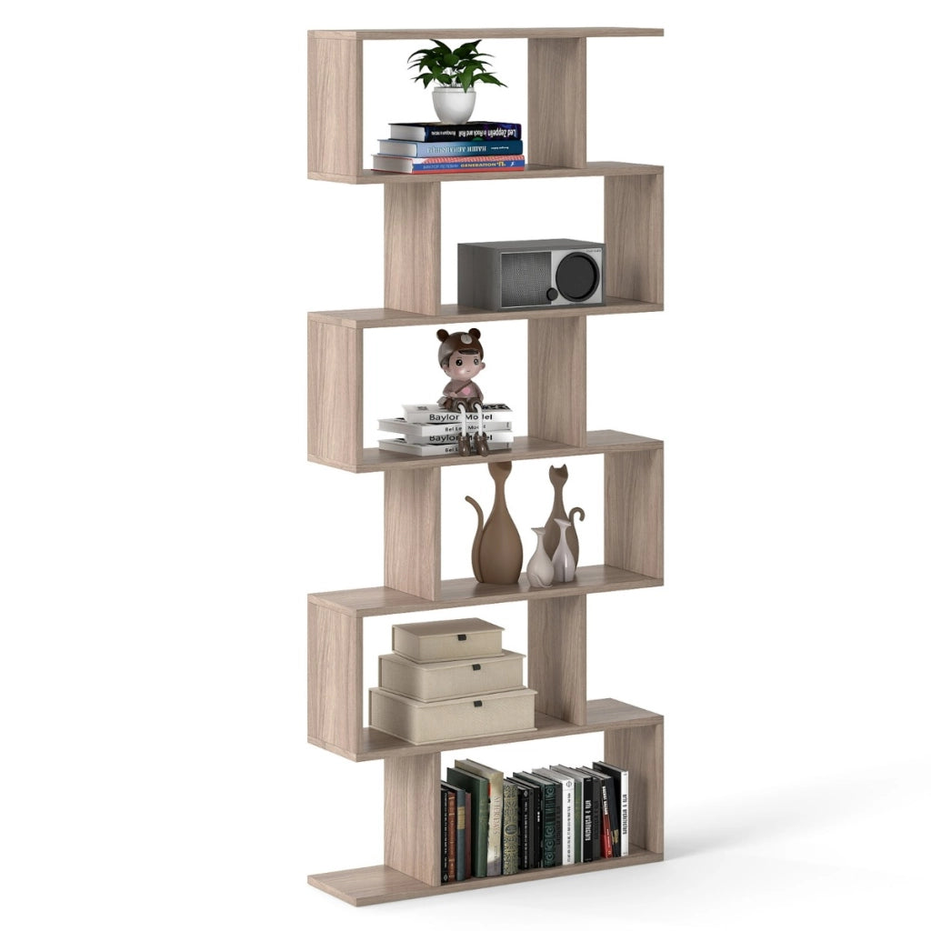 Libreria a 6 livelli a forma di S con dispositivo antiribaltamento-Scaffale di legno per casa e ufficio Grigio chiaro