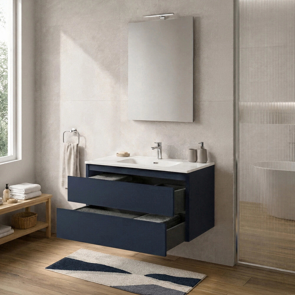 Mobile bagno sospeso 100 cm blu due cassetti push-pull e lavabo Tierra