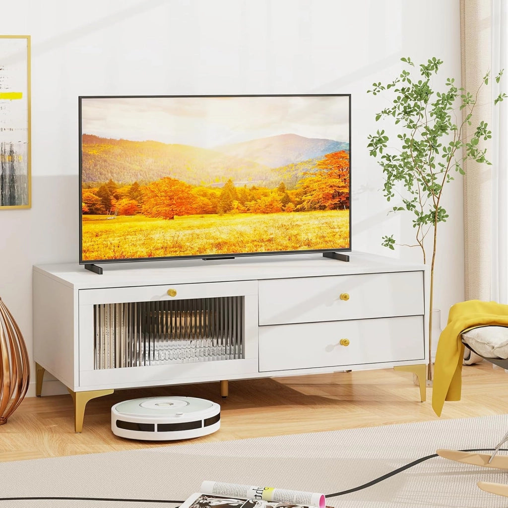 Mobile TV, mobile TV, mobile TV, supporto per TV fino a 55 pollici, cassettiera con 2 cassetti e porta apribile in vetro temperato, mensola TV 120 x 62 x 46 cm