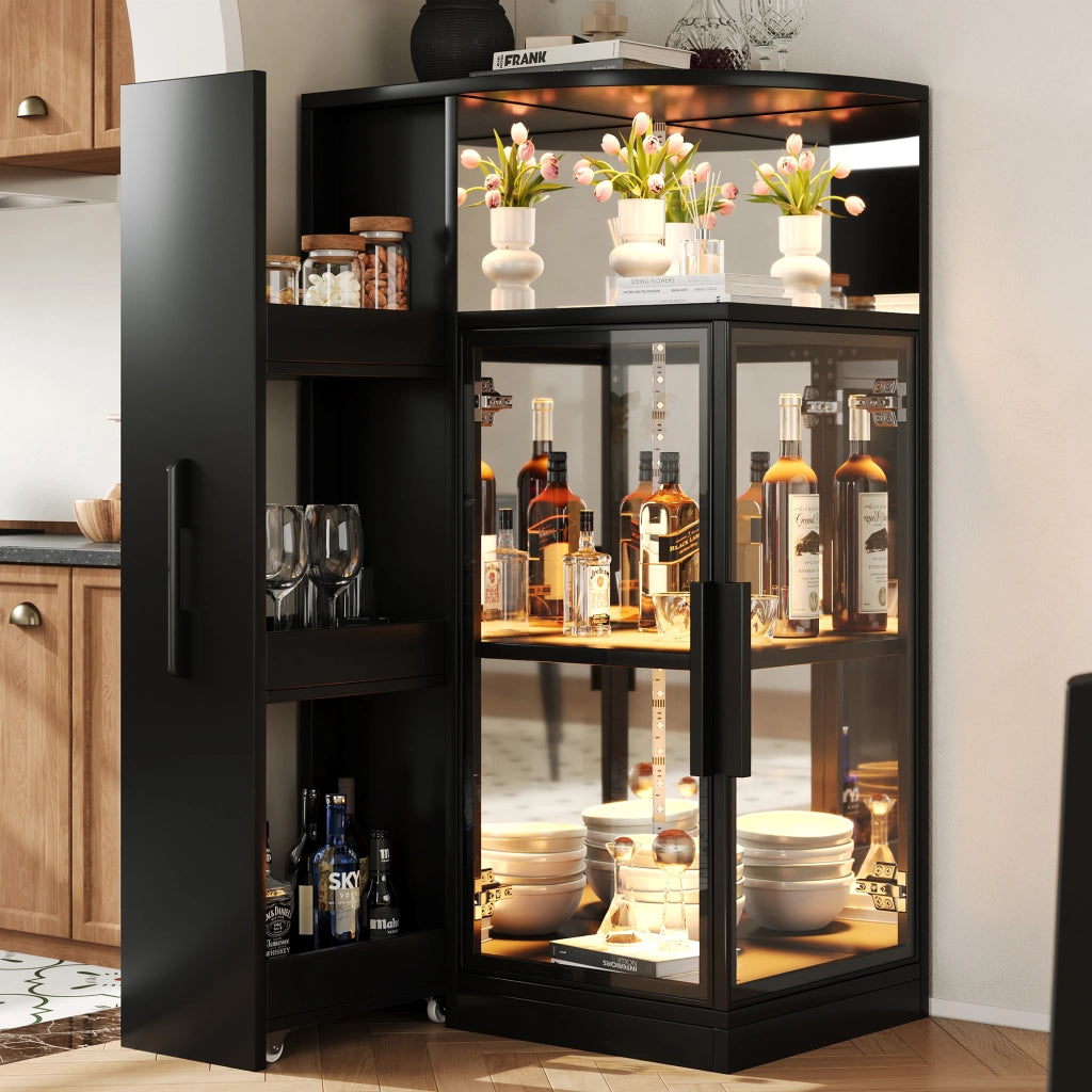 Vetrina in vetro con LED multicolore e armadio laterale estraibile nero 64 × 42 × 112 cm