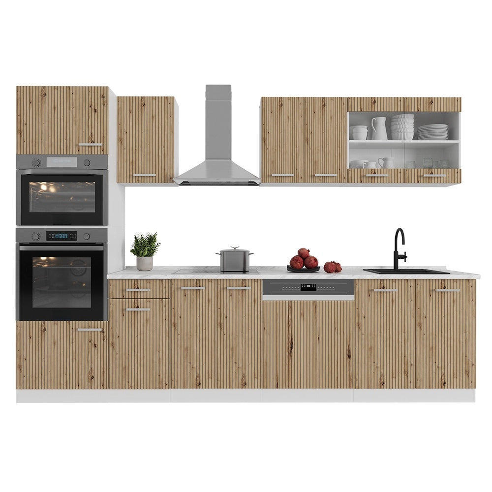 Cucina componibile R-Line Rovere artigianale/Bianco 300 cm con armadio alto, PL Antracite Vicco