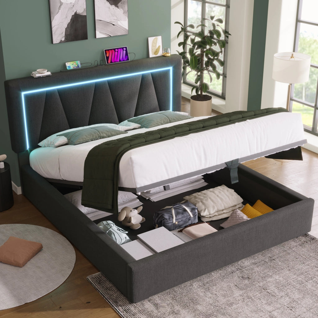 Letti contenitori 140x200 cm con testiera regolabile; LED e USB; lino grigio (Senza materasso)
