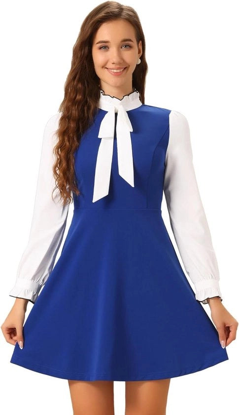 Abito da donna con maniche lunghe, maniche a puff, ruches, stile vintage, miniabito con stampa di fiori
