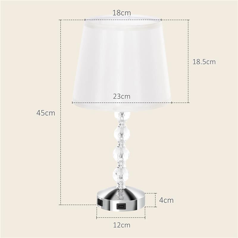 LAMPADA DA TAVOLO CON CRISTALLI E PORTA USB IN METALLO VETRO E POLIESTERE Ø 23X45 CM BIANCO E ARGENTO