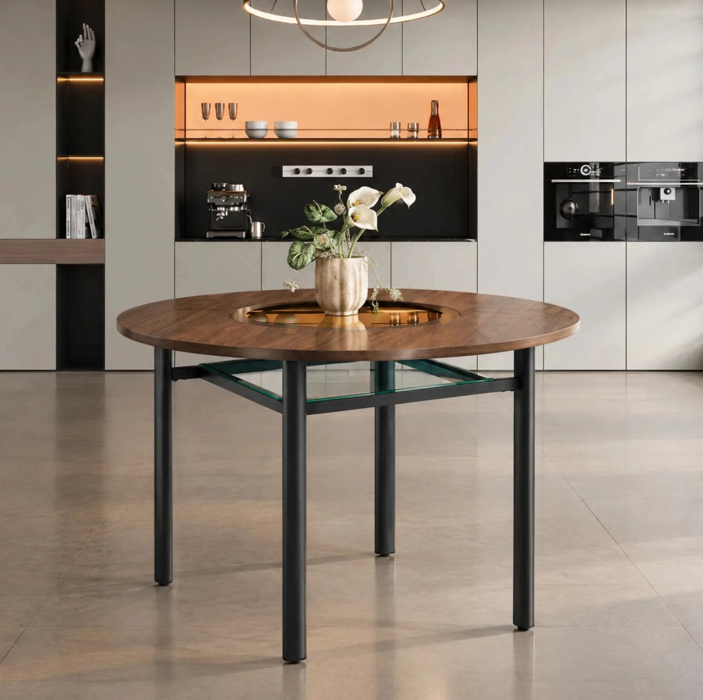 Tavolo da pranzo rotondo 100 cm in MDF marrone, vetro e metallo