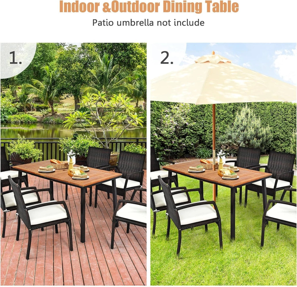 Tavolo da Pranzo in Legno di Acacia Rettangolare, Tavolo da Giardino con Foro per Ombrellone in Design Industriale,140 x 75 x 76 cm