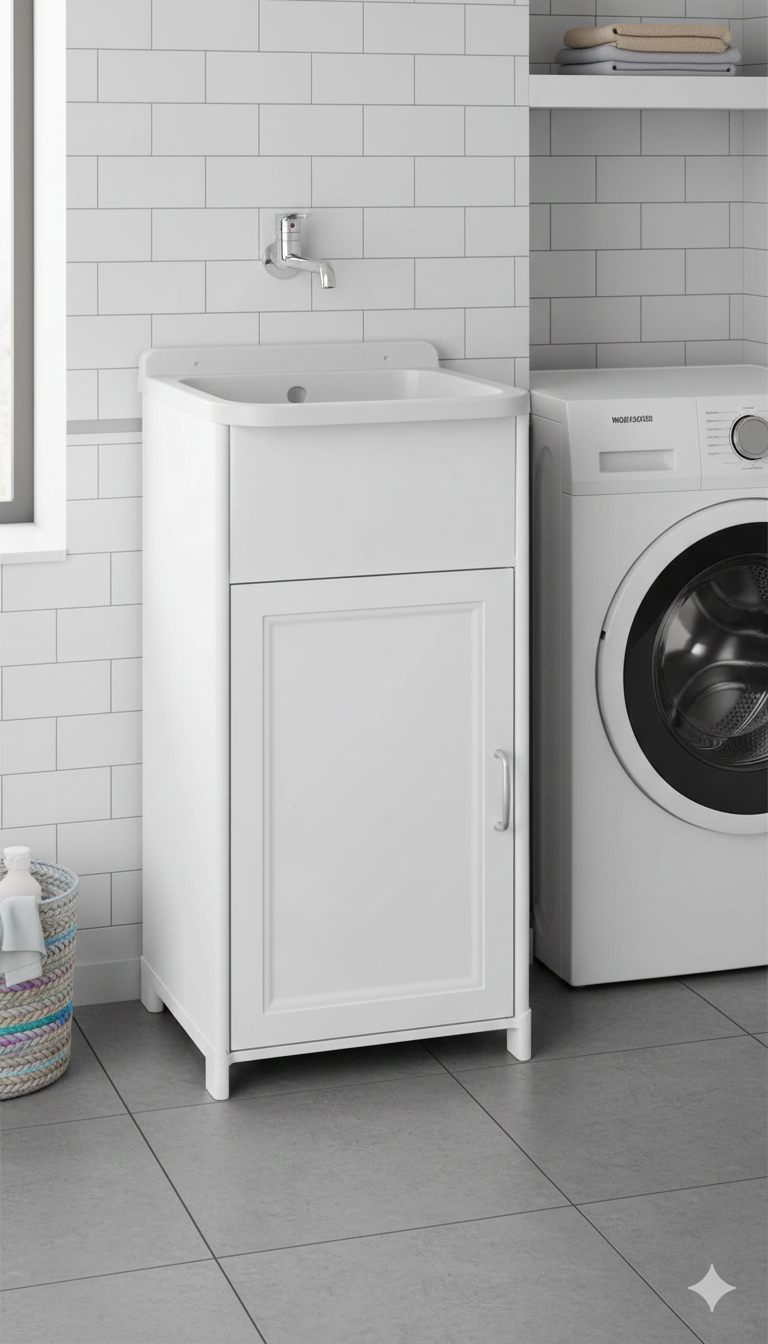 Mobile Lavatoio 40x40x78 cm 1 Anta con Pilozzo Mini in Resina Bianco