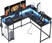 Biblioteca da Gioco a L con Prese di Corrente e Illuminazione a Led - Scrivania Angolare 136 cm - Nero