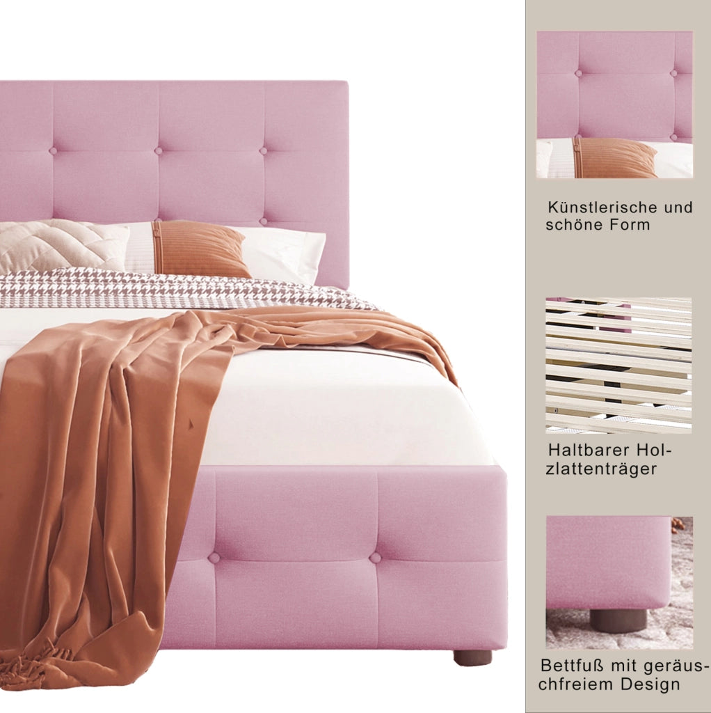 Letto imbottito 90x200 cm con rete a doghe; testiera e cassetto; velluto rosa