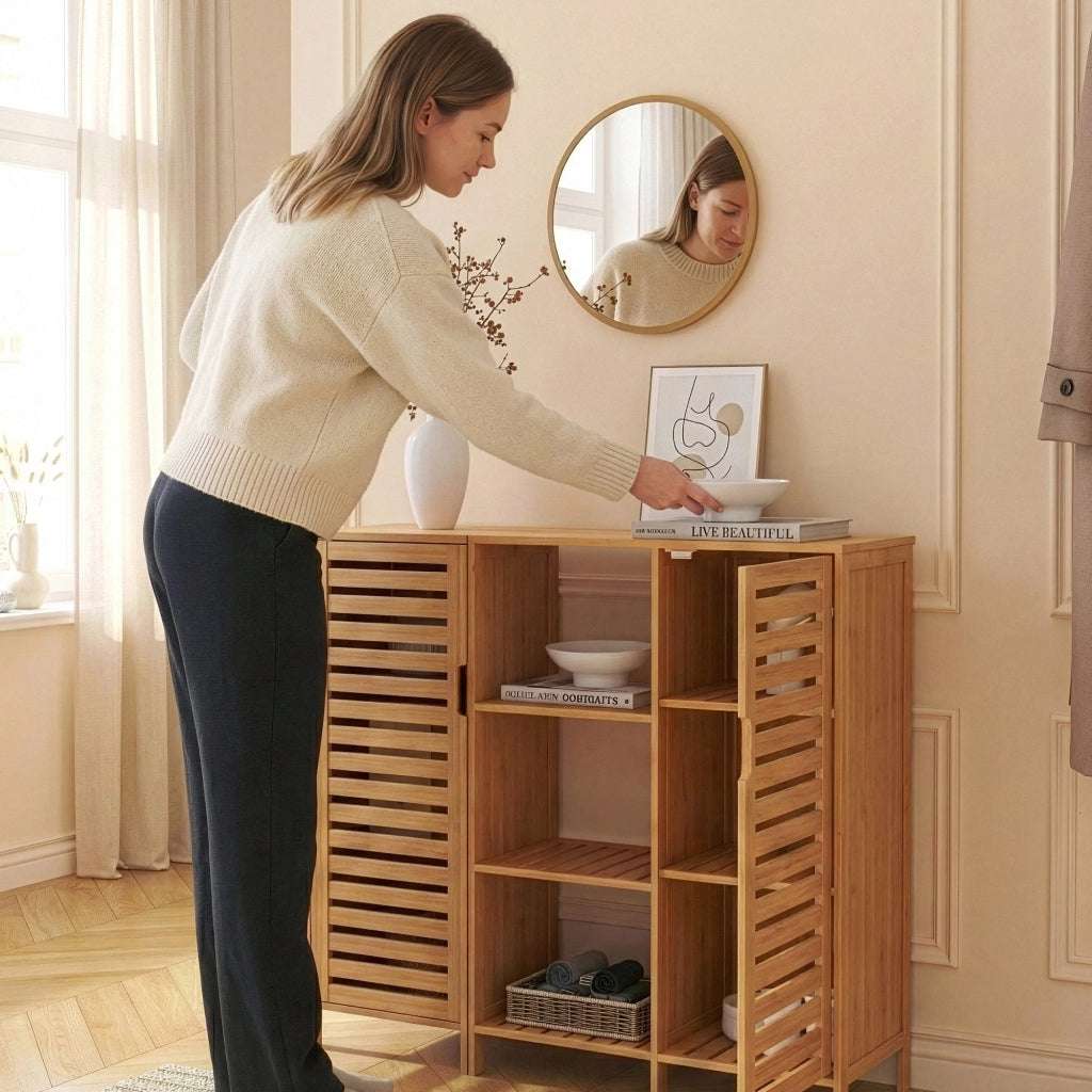 Mobile Contenitore Hakseri a 2 Elementi con Ante e Vani Aperti 87 x 99 x 33 cm in Bambù Naturale [en.casa]