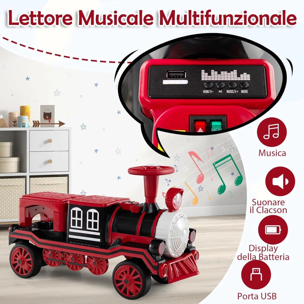 Trenino Elettrico Cavalcabile per Bambini, 12V Macchina Elettrica a 3 Posti con Locomotiva e Vagone Rimovibili, Treno con Luci LED, Clacson e Musica, per Bambini 3-8 Anni (Rosso)