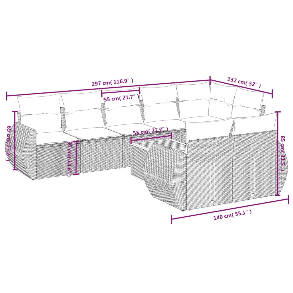 Set Divano da Giardino 9 pz con Cuscini Beige in Polyrattan