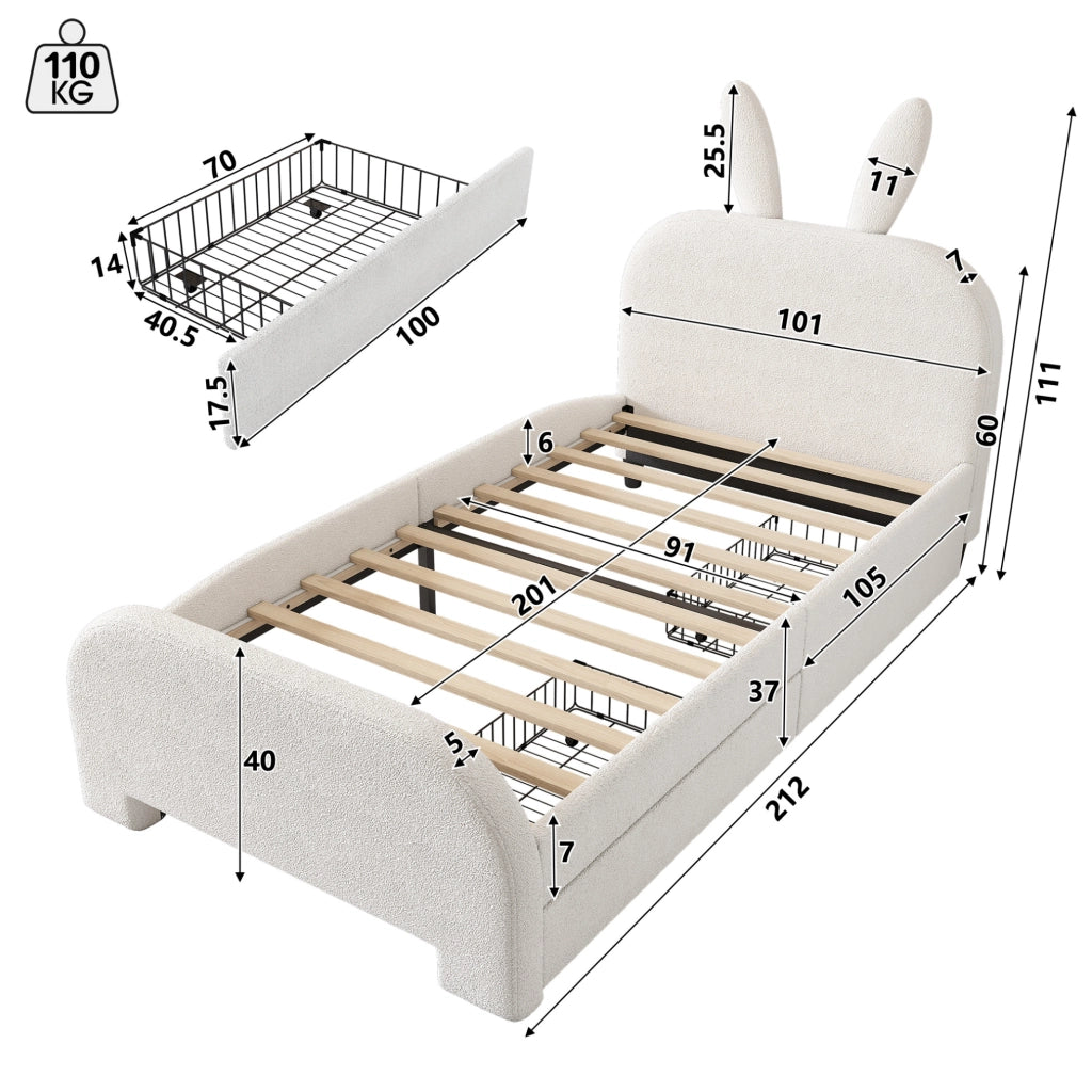 Letto per bambini 90x200 cm imbottito con testiera a forma di coniglio; 2 cassetti; bianco