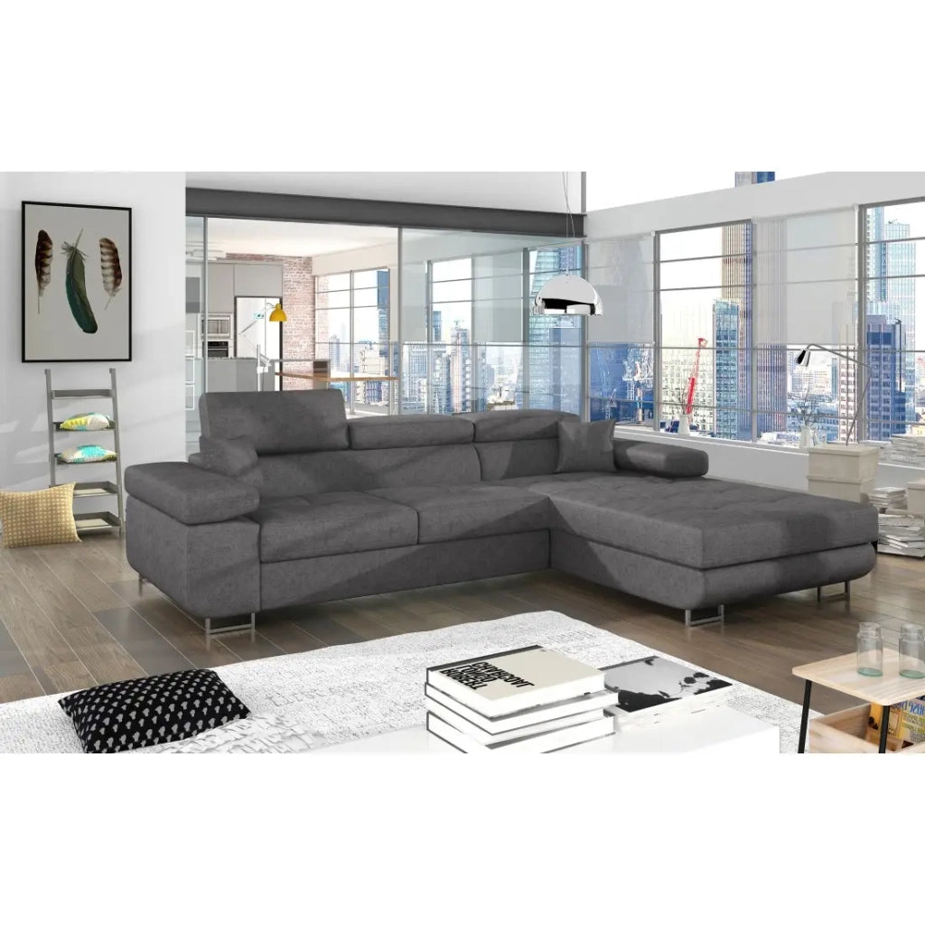 Divano angolare trasformabile AMANDA grigio melange in tessuto jacquard con contenitore