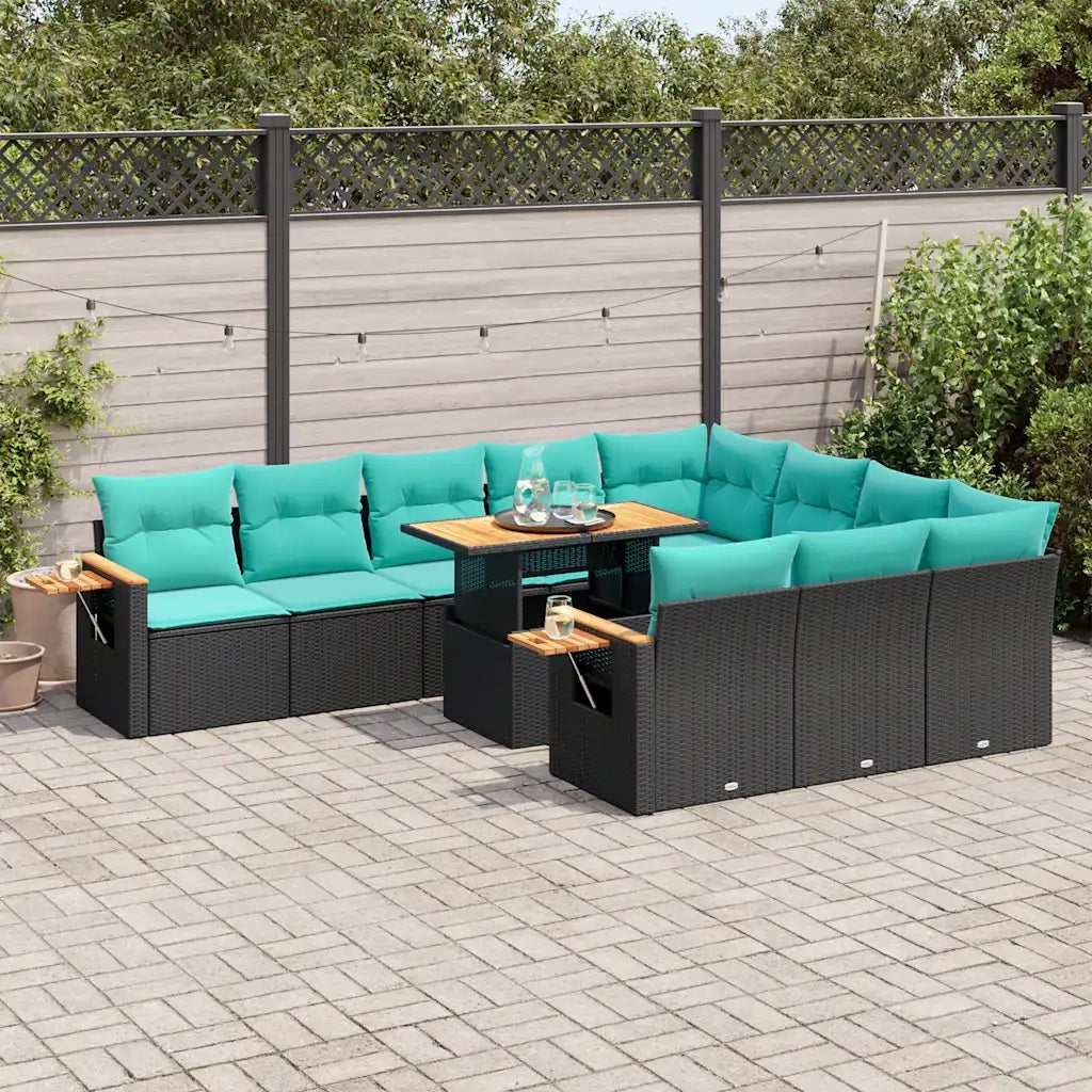 Set Divani da Giardino 11 pz con Cuscini Polyrattan Acacia Nero
