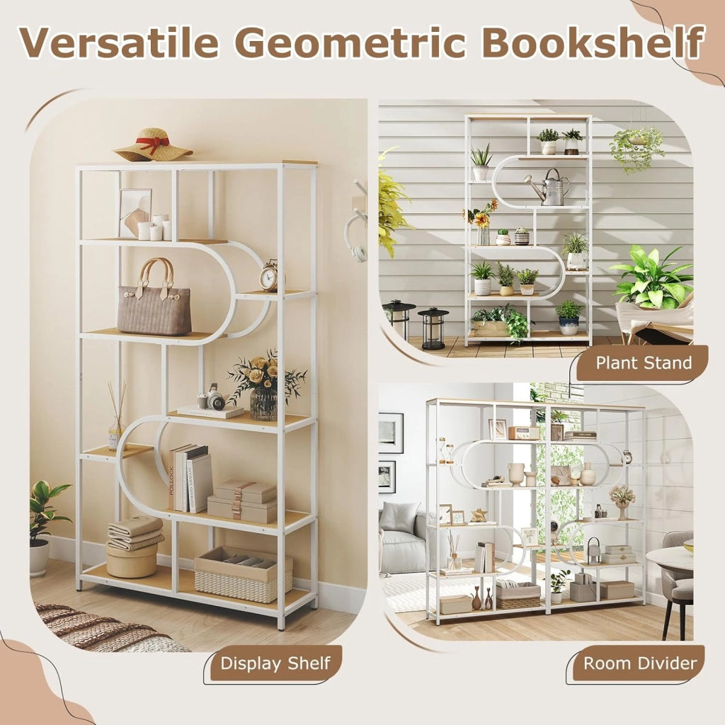 Libreria Geometrica a 8 livelli, scaffale portaoggetti con ripiani aperti in legno, struttura in metallo, kit antiribaltamento, 95 x 30 x 175 cm, per soggiorno, camera da letto, ufficio