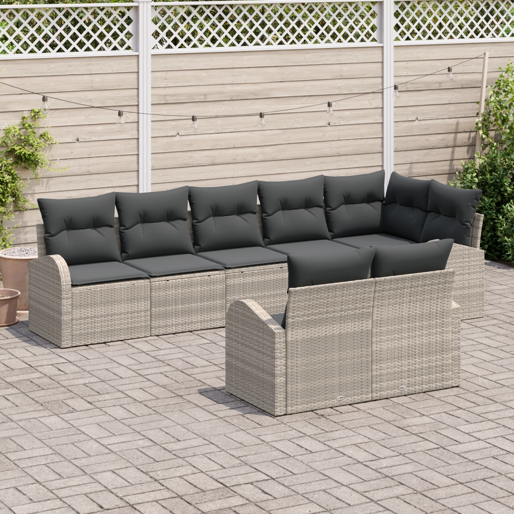 Set di divano da giardino 8 pezzi con cuscini Grigio chiaro Rattan Poli