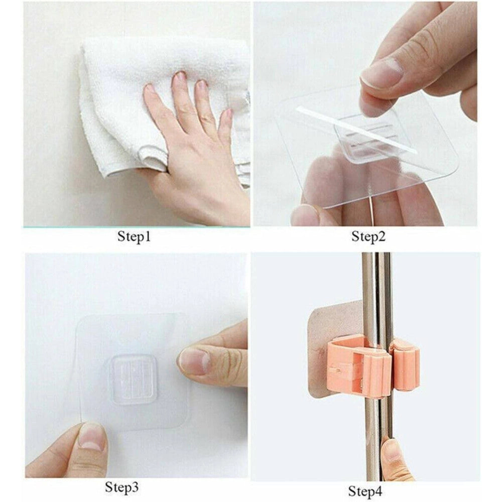 Trade Shop - Set 2 Ganci Porta Scopa Mop Supporto Adesivo Resistente Appendino Bagno Cucina -