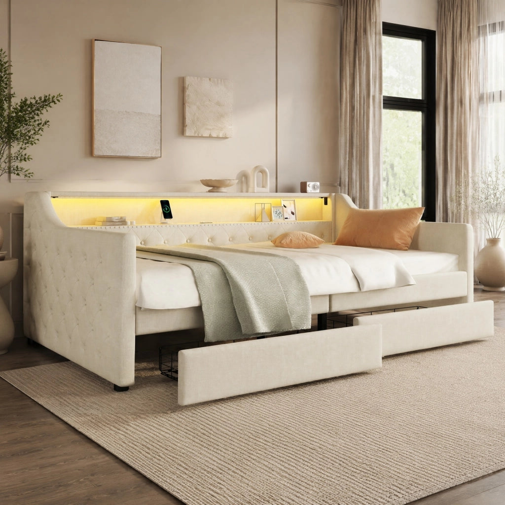 LETTO Divano 90x200 cm in lino beige con LED, USB e 2 cassetti