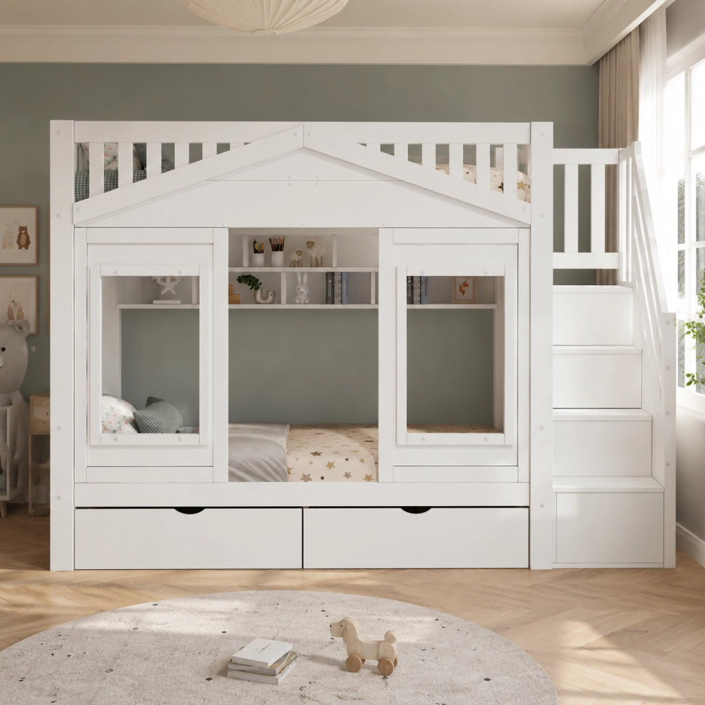 Letto a soppalco per bambini 90x200 cm con scala contenitore; finestra decorativa; parapetto; legno massello; bianco