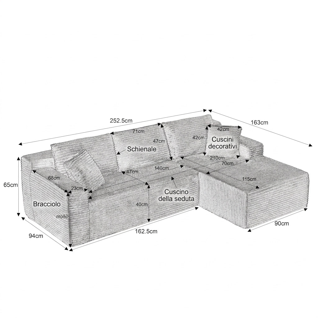 Divano modulare a L 4 posti nero in memory foam con chaise longue; 252;5x163x65 cm