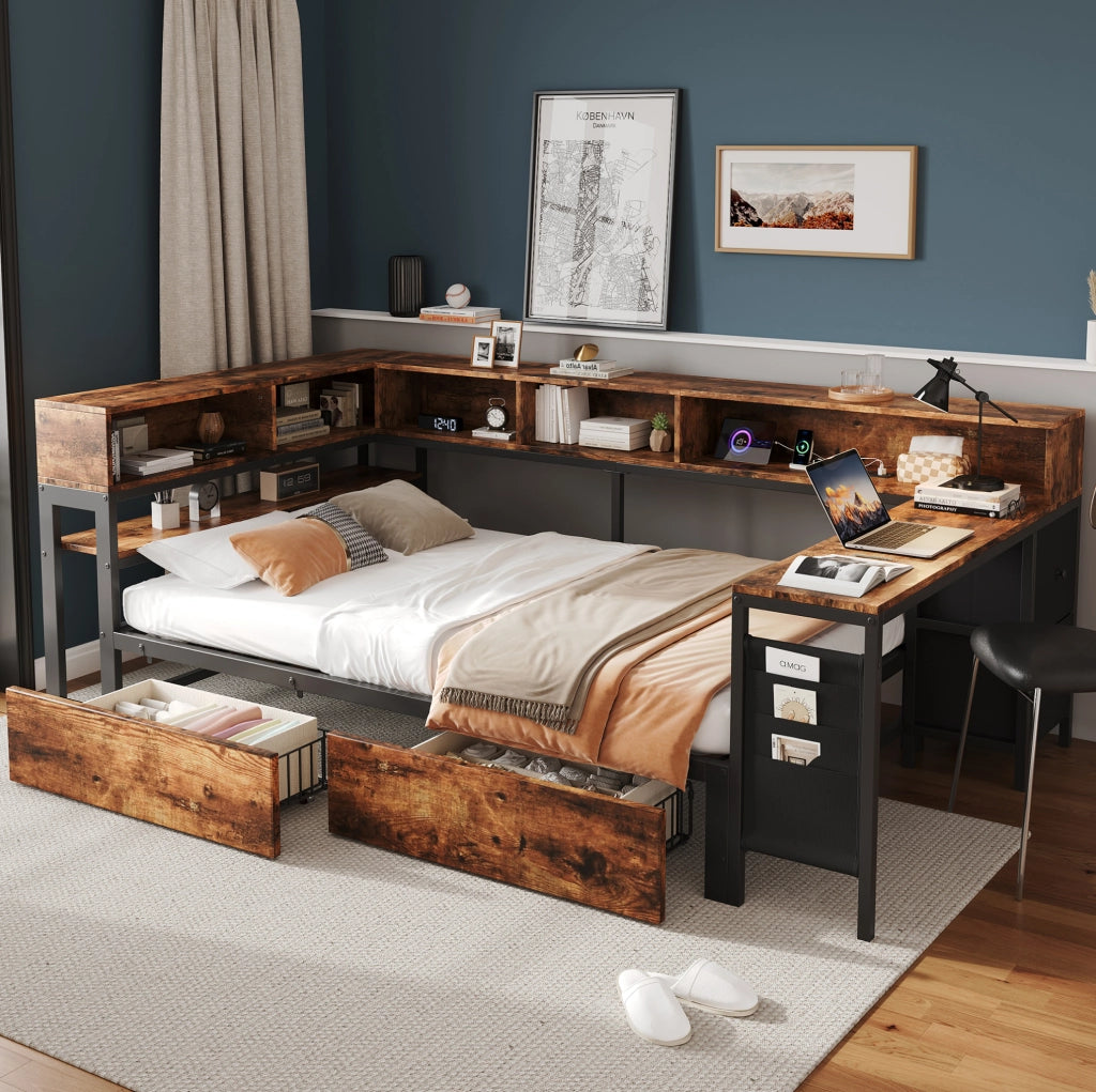 LETTO Singolo 120x200 cm Metallo e Legno Nero/Naturale con 2 Cassetti