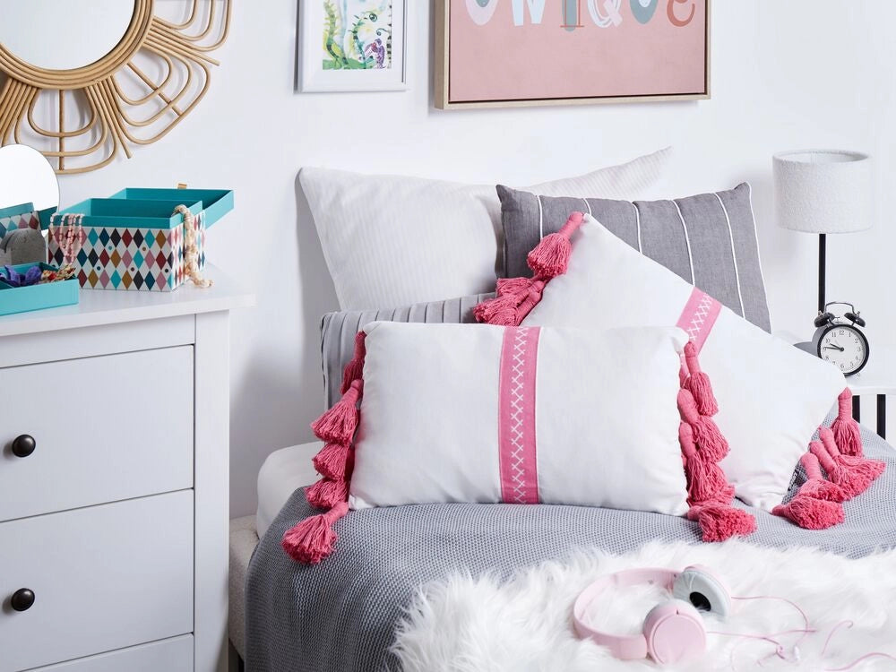 Set di 2 cuscini decorativi Rosa Bianco Cotone 30 x 50 cm con frange Cuscino moderno rettangolare Accessori decorativi Boho