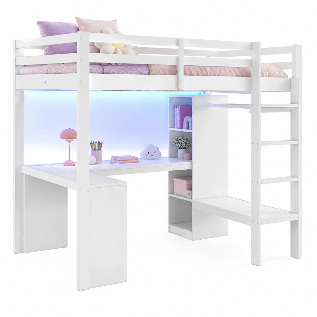Letto a soppalco 140x200 con scrivania LED e USB, bianco