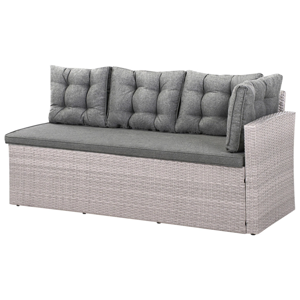 Set da pranzo ad angolo da giardino grigio finto rattan con cuscini divano panca tavolo rettangolare piano in vetro 80 x 145 cm vimini