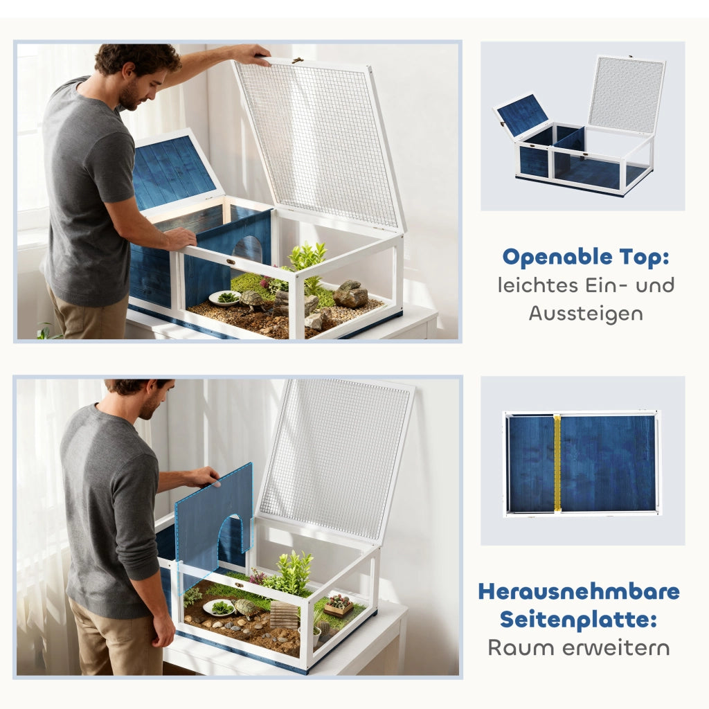 Casa per Tartarughe in Legno ¨C Xylo ¨C Tetto Apribile 91x60,5x32 cm Blu