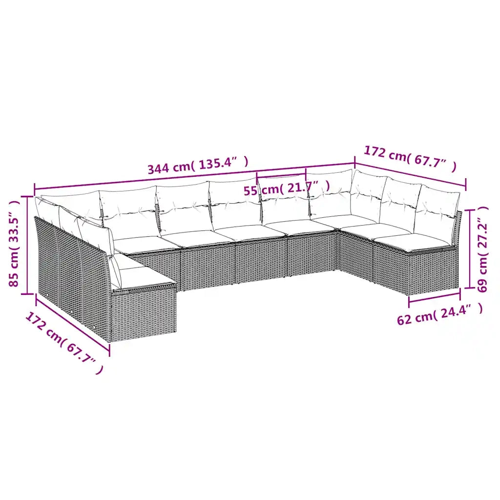 Set Divani da Giardino 10pz con Cuscini in Polyrattan Marrone 3218093