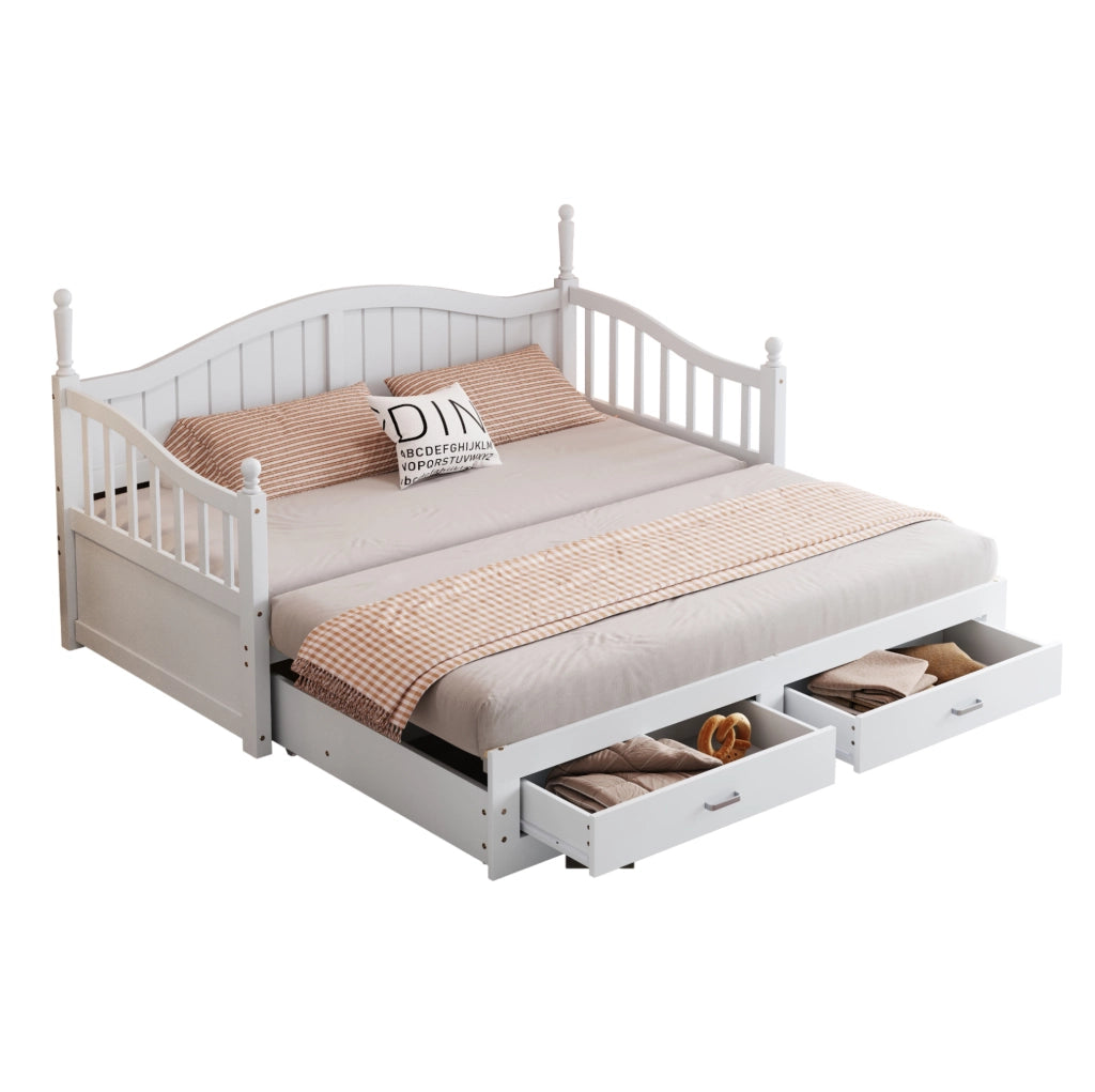 Divano letto estraibile 90x190 cm con cassetti e rete a doghe in legno bianco