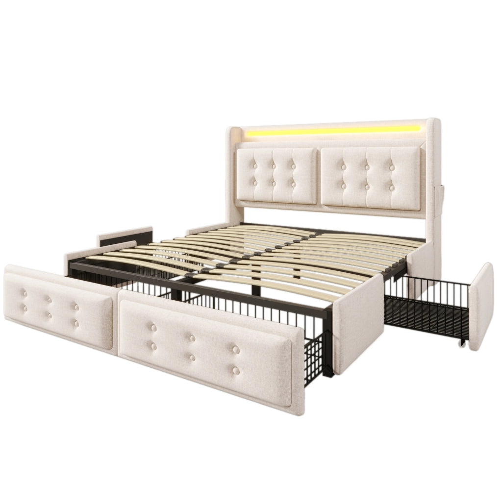 Letto 180x200 cm con LED; ricarica e 4 cassetti in cotone e lino beige