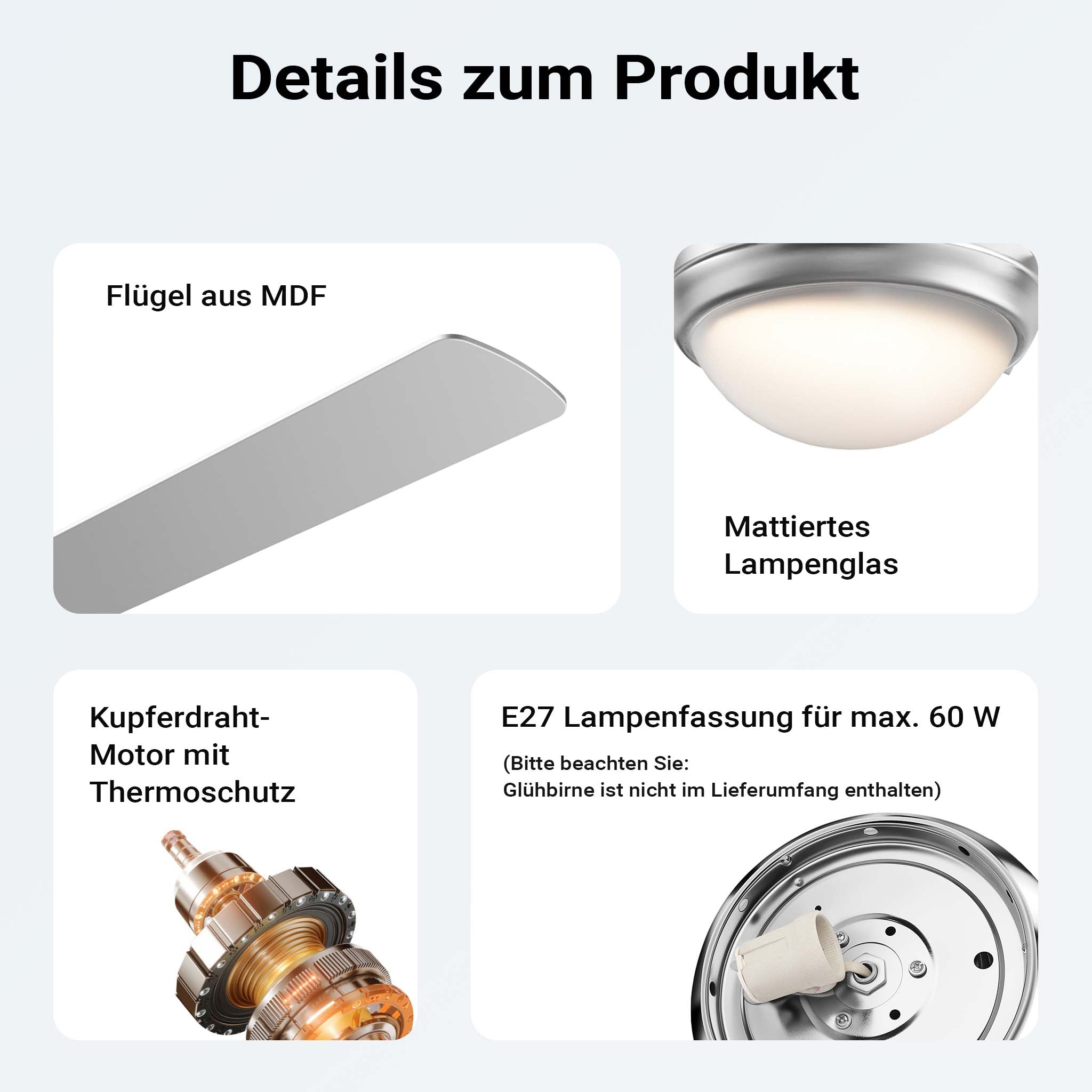 Ventilatore da soffitto Ø 130 cm con 4 pale, lampadario ventilatore con 3 velocità, telecomando, timer, modalità estiva e invernale, 65 W