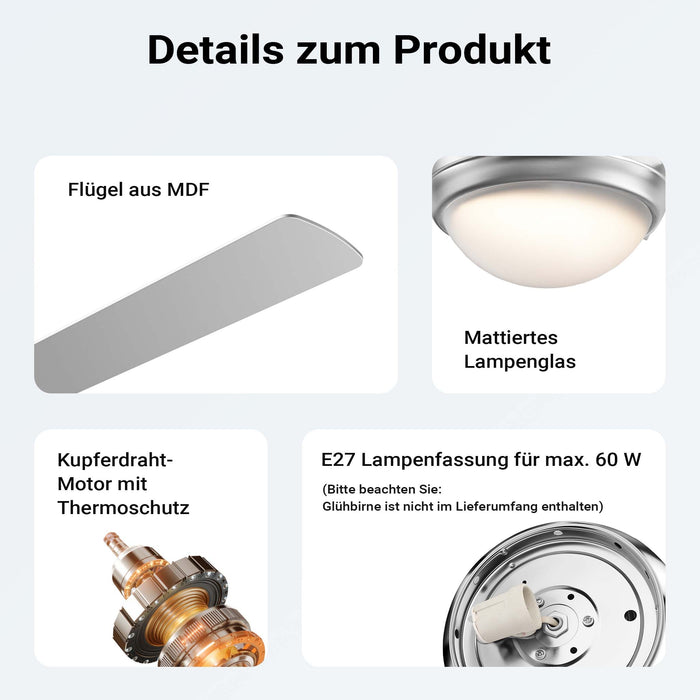 Ventilatore da soffitto Ø 130 cm con 4 pale, lampadario ventilatore con 3 velocità, telecomando, timer, modalità estiva e invernale, 65 W