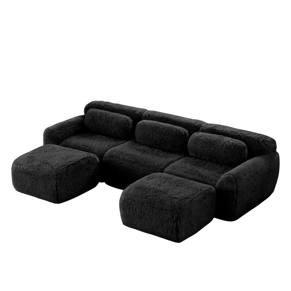 Divano Modulare a U con Design Ergonomico e Pouf Modulare, Base Antiscivolo, in Peluche Nero