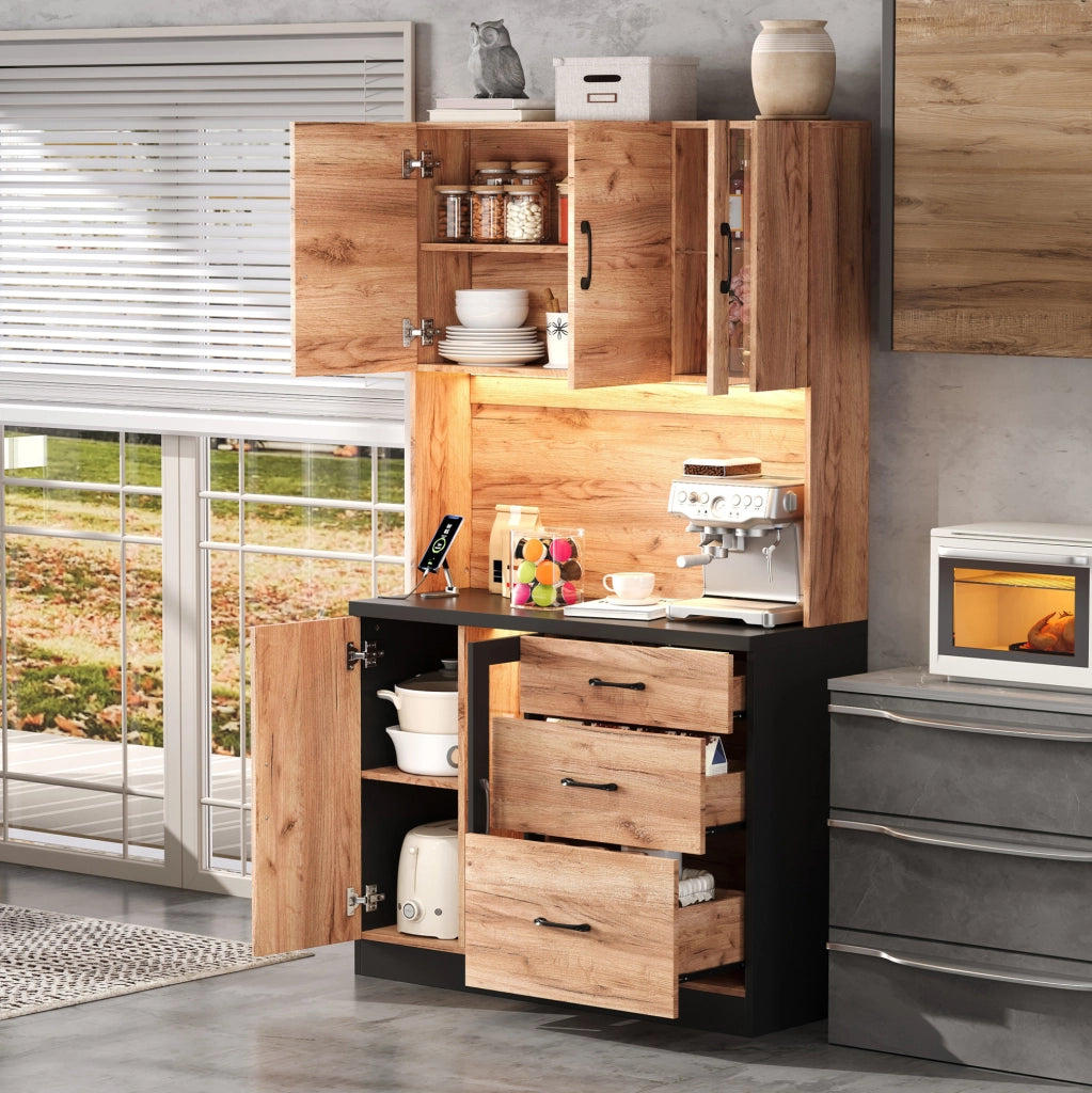 Colonna cucina in MDF con LED, prese USB e ante in vetro