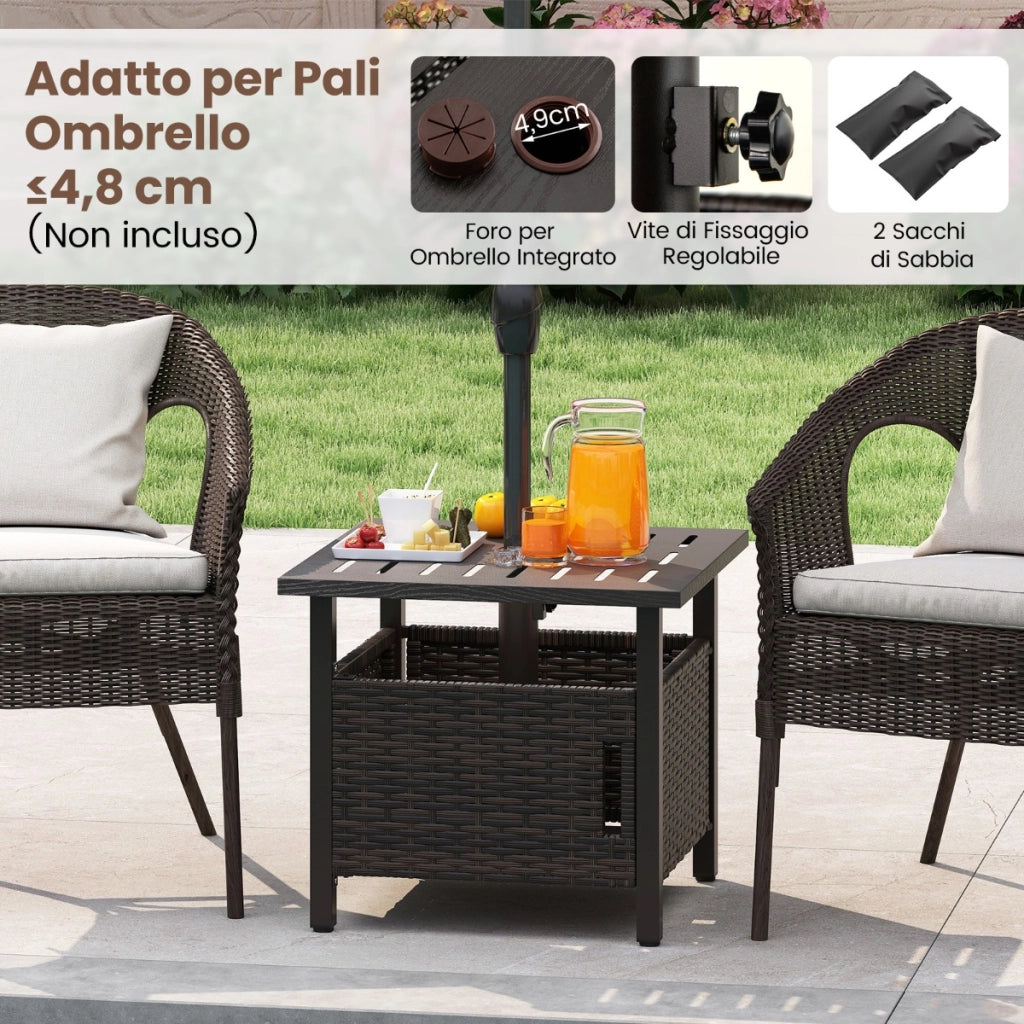 Tavolo da patio in vimini PE a tutto clima con struttura antiruggine per giardino, Tavolino da esterno con foro per ombrellone -Tavoli da esterno