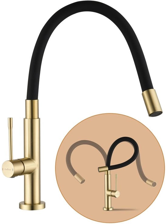 Kraan da cucina con uscita flessibile girevole 360°, grande arco alta pressione, da cucina con rubinetto per doccia e miscelatore - duraturo (giallo oro)