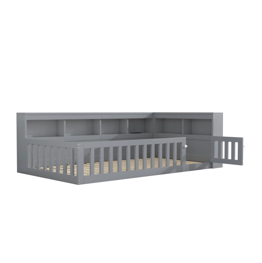 Divano letto 90x200 cm con presa USB e vano portaoggetti in truciolare e MDF grigio