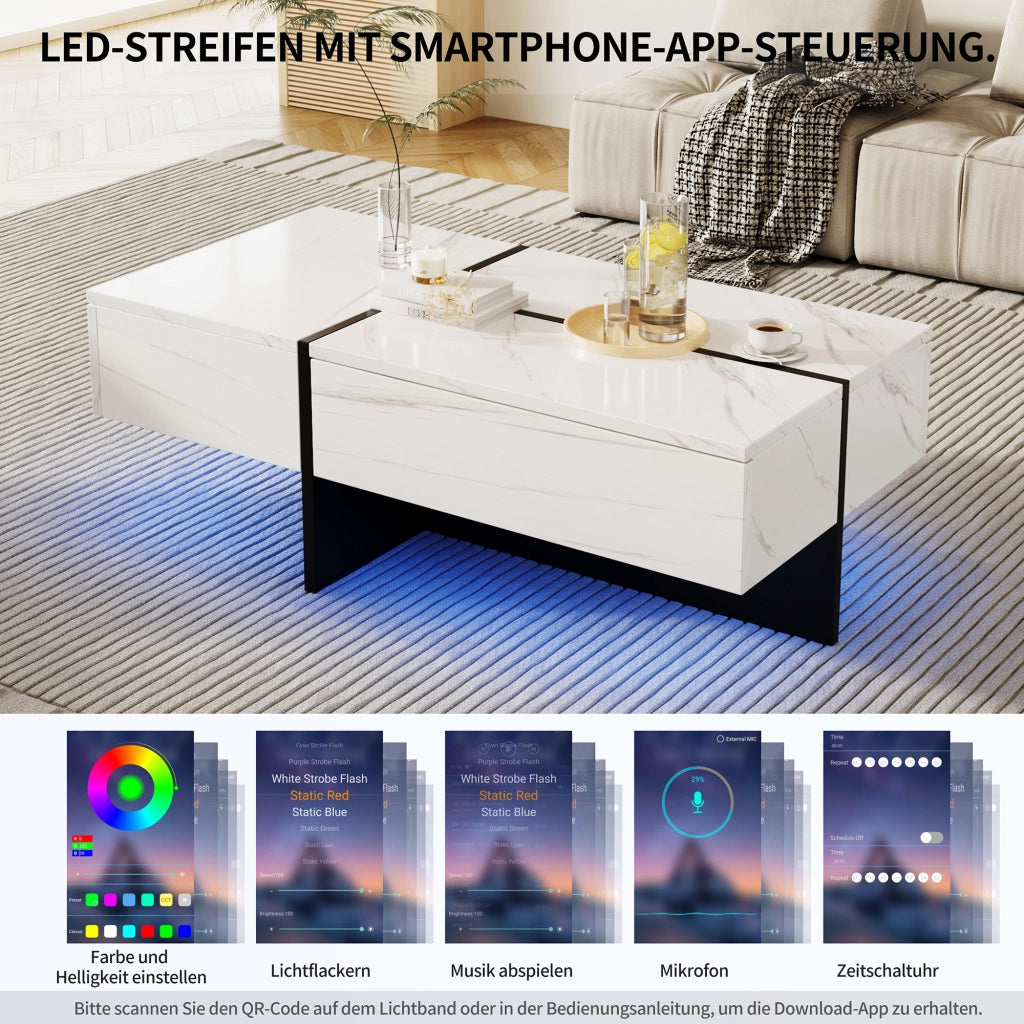 OKWISH Tavolino da Salotto Effetto Marmo Lucido con 3 Cassetti e LED controllato tramite applicazione, 100×50×34,5 cm