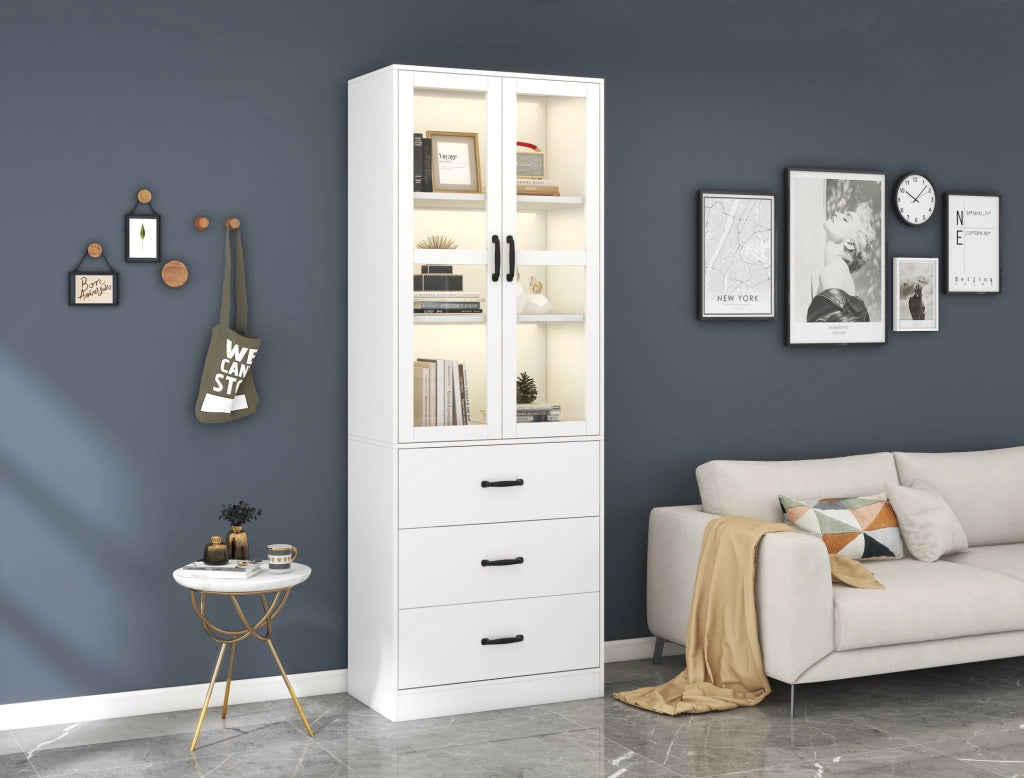 Vetrina bianca alta 200 cm con ante in vetro, 3 cassetti e illuminazione LED