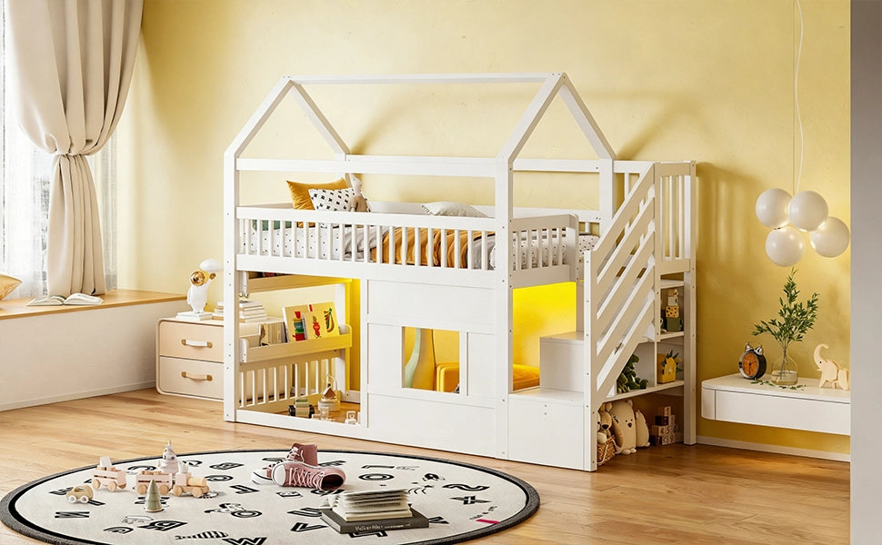 DESMIU Letto a soppalco 90 × 200 cm 1 posto con scala, vani portaoggetti, LED, senza materasso, bianco