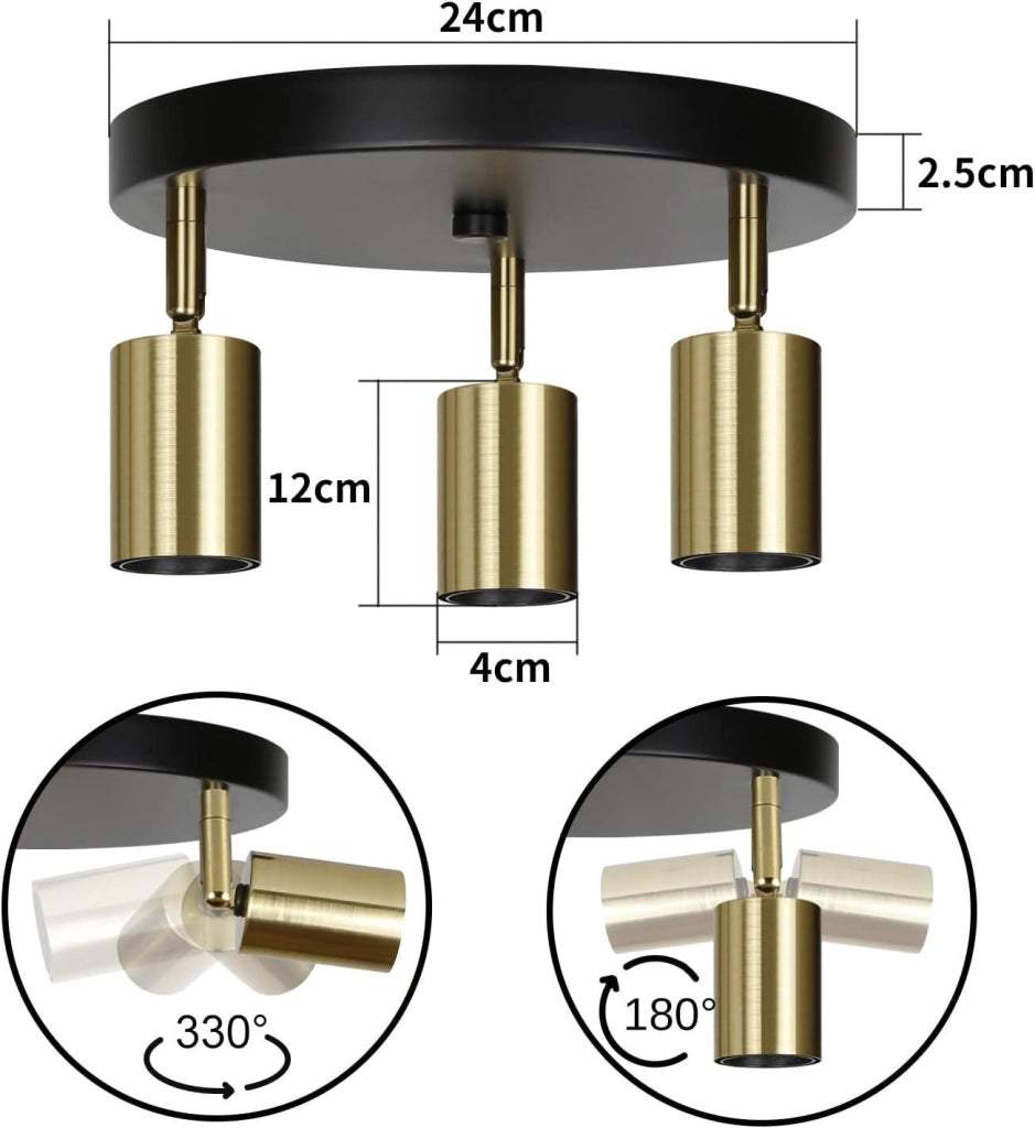 ZMH Faretto da soffitto 3 luci E27 nero oro stile industriale retrò moderno max 25W per ristoranti cucine