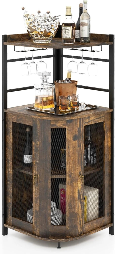 Mobile Bar Angolare, Mobiletto Multiuso con Porta Bicchieri, 2 Porte Ventilate in Rete Metallica e Ripiano Regolabile, per Cucina, Sala da Pranzo e Soggiorno (Marrone)