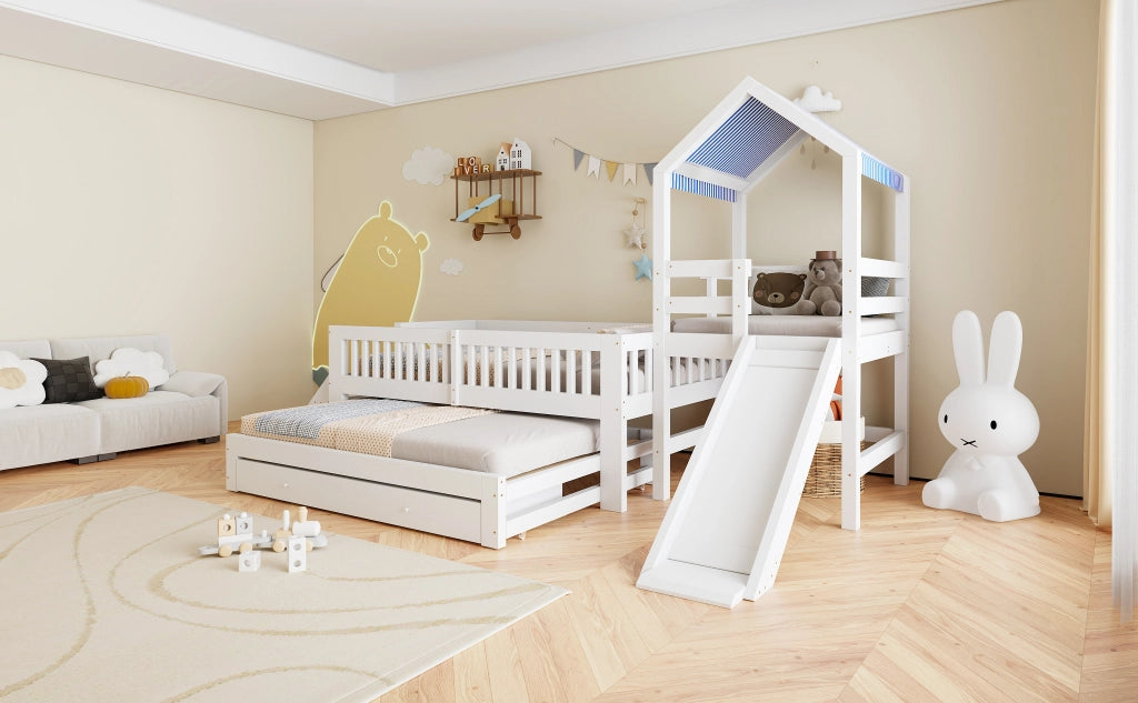 Letto per bambini a casetta 90 × 200 cm con letto estraibile, scivolo, scala laterale e cassetti, senza materasso, bianco
