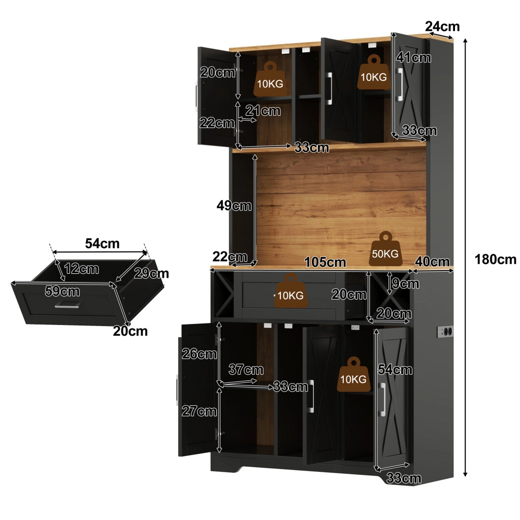 Credenza alta con LED RGB, 2 ante, 1 cassetto, vani aperti e portabottiglie, per cucina e soggiorno 105 × 40 × 180 cm